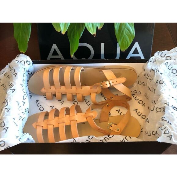 AQUA - L Sz 9 Emmie Strappy Slingback Sandals in Natural Leather. NEW IN BOX!! - Picture 1 of 16